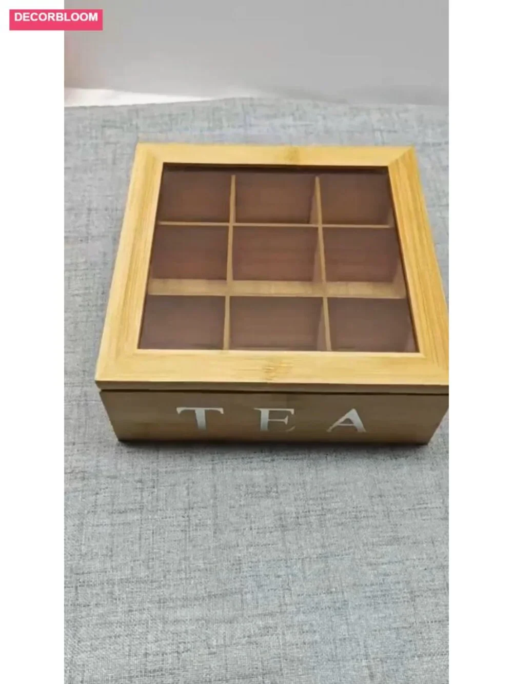 Bamboo Tea Box Organizer with 9 Compartments and Glass Lid for Home Office